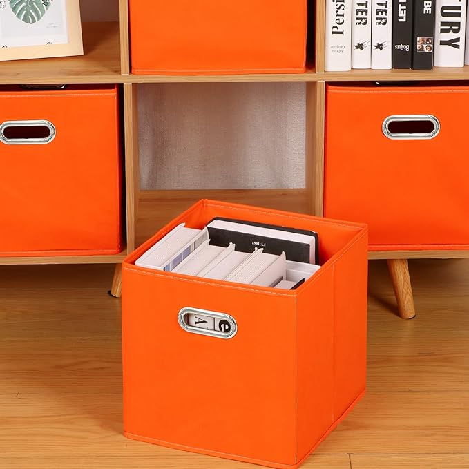 Fabric Cloth Storage Bins,Fabric Cube Bins Organizer with Dual Handles Foldable Cube Storage Baskets for Home Bedroom Storage,Set of 3,(Orange)