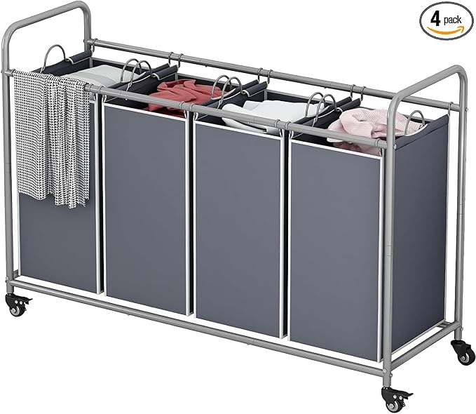 Laundry Basket, 4-Bag Laundry Hamper, Grey Laundry Sorter with Heavy Duty Lockable Rolling Wheels, Laundry Room Organization with Removable Bags Basket Separator for Dirty Clothes Storage