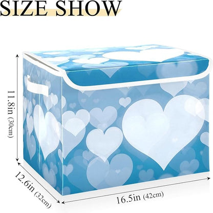 senya Valentines Baskets Collapsible Storage Bins with Lids, Blue Abstract Heart Storage Boxes Clothes Baskets for Organizing