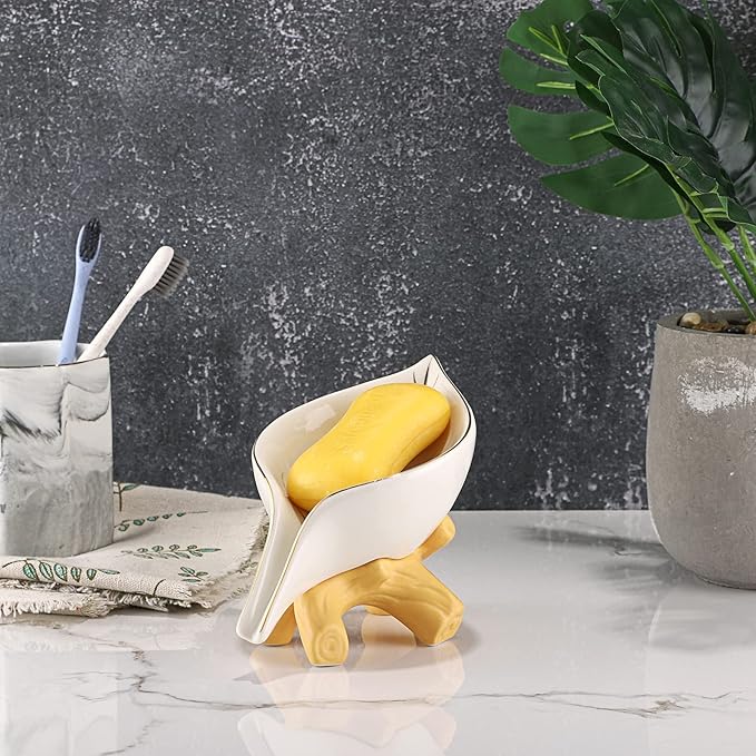 JUXYES Ceramic Soap Dish Holder Self Draining, Unique Waterfall Soap Dish Leaf Shape Decorative Soap Dish Tray Tabletop Drainable Soap Saver Bathtub Waterfall Soap Dish Holder for Bathroom Shower