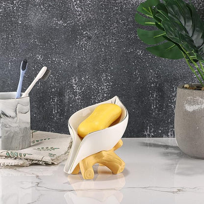 JUXYES Ceramic Soap Dish Holder Self Draining, Unique Waterfall Soap Dish Leaf Shape Decorative Soap Dish Tray Tabletop Drainable Soap Saver Bathtub Waterfall Soap Dish Holder for Bathroom Shower