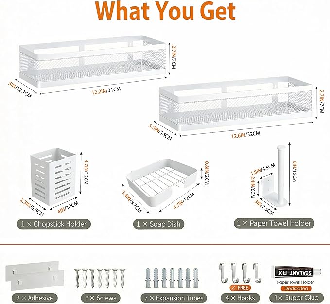 PUSDON 5-in-1 Wide Wall Mount Wrapped Mesh Kitchen Organizer & Shower Caddy Kit, with Paper Towel Holder, Utensil Holder, Soap Dish, Heavy Duty 50LBS - White, Netting
