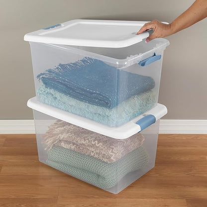 Sterilite 4-Pack 64 Quart Latching Box, Clear Plastic Storage Organizer Bins with White Lids - Large Stackable Containers for Home Bedroom, Dorm Room, and Closet Organization