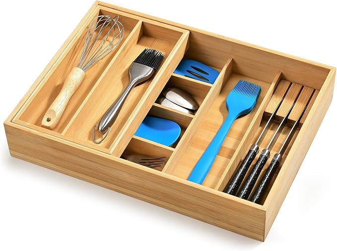 HULISEN Double Layer Bamboo Utensil Drawer Organizer, 2 Tier Silverware Cutlery Drawer Organizer with Sliding Top & Removable Knife Holder, Deep 8-Slot Kitchen Drawer Organizer