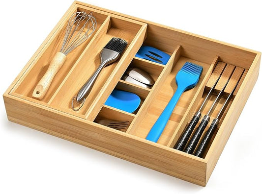 HULISEN Double Layer Bamboo Utensil Drawer Organizer, 2 Tier Silverware Cutlery Drawer Organizer with Sliding Top & Removable Knife Holder, Deep 8-Slot Kitchen Drawer Organizer