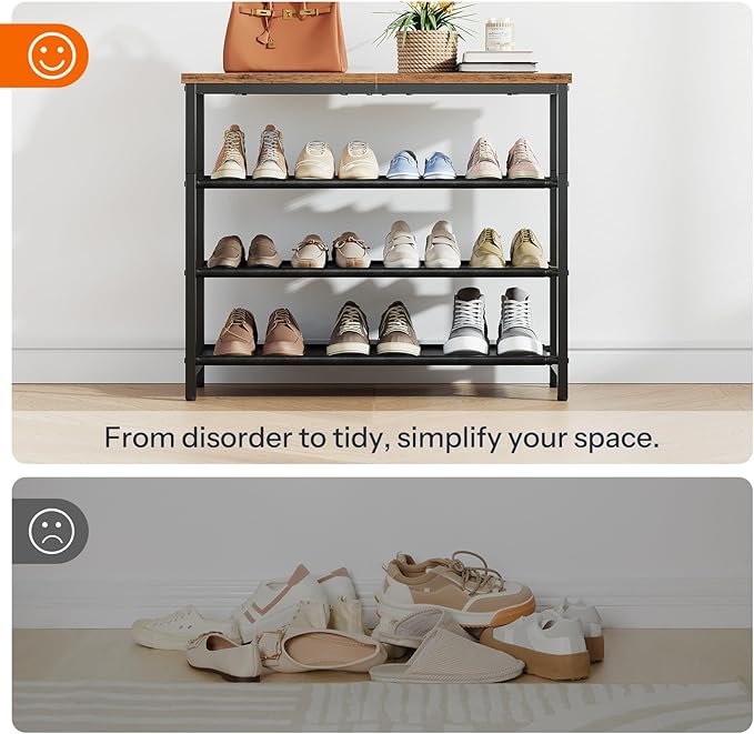 HOOBRO Shoe Rack with 3 PU Shelves, 4-Tier Shoe Storage Organizer for Closet and Entryway, Holds 9-12 Pairs of Shoes, Sturdy Metal Frame, Small Spaces, Rustic Brown and Black BF94XJ01