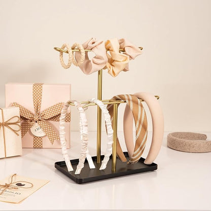 Headband Holder Organizer, 2-Tier T-bar Storage Stand with Tray for Hair Accessories Hairband Hair Clip, for Girls Women, Gold & Black