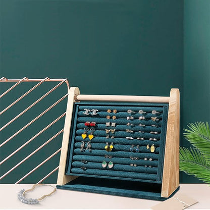 Vertical Solid Wooden Jewelry Storage Stand Large Capacity Hanging Organizer Display Board Rack with 10 Strip Slots for Chest Pin Earrings Jewelry Ring Small Ornament (Dark Green)