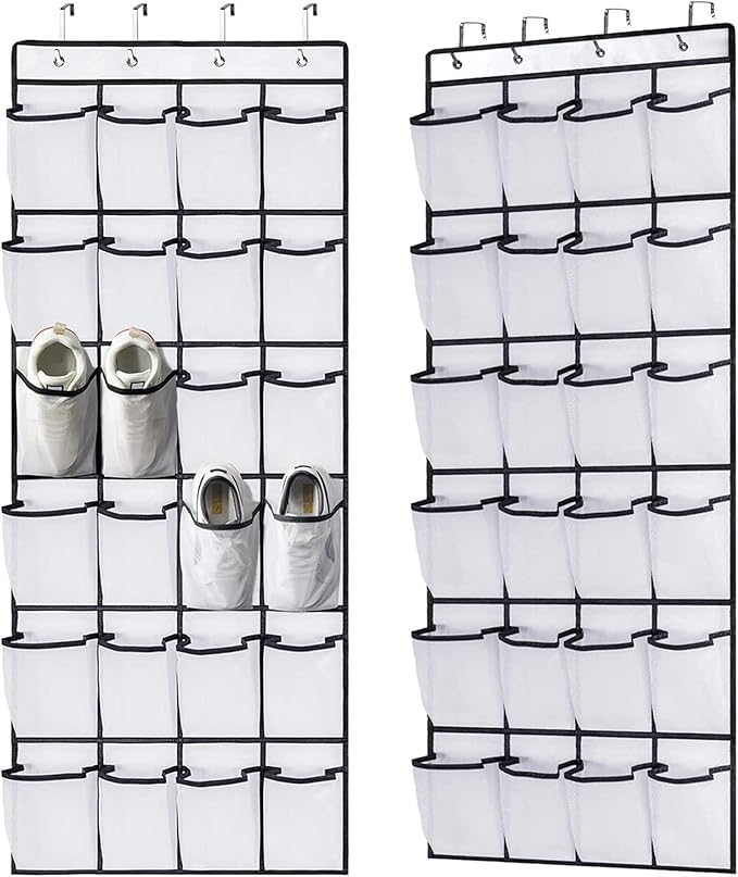 Shoe Holder Rack for Over the Door, 24-Pair Mesh Pockets Hold up to 40 Pounds, Back of Closet Organizer, Behind Door Hanger, Nonslip Holders, Shoes, Sneakers and Home Accessories (WHITE)