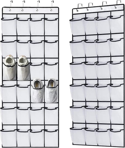 Shoe Holder Rack for Over the Door, 24-Pair Mesh Pockets Hold up to 40 Pounds, Back of Closet Organizer, Behind Door Hanger, Nonslip Holders, Shoes, Sneakers and Home Accessories (WHITE)