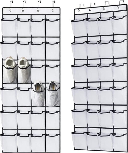 Shoe Holder Rack for Over the Door, 24-Pair Mesh Pockets Hold up to 40 Pounds, Back of Closet Organizer, Behind Door Hanger, Nonslip Holders, Shoes, Sneakers and Home Accessories (WHITE)