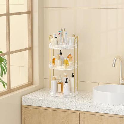 Rotating Makeup Organizer for Vanity 3 Tier, Perfume Organizer with Makeup Brush Holder, Large Capacity Cosmetics Clear Skincare Organizer for Countertop (Transparent)