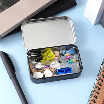 2 Pack Metal Rectangular Empty Tin Box, Hinged Tins Tin Containers with Lid Mini Portable Small Storage Container Kit for Home Storage 3.74x2.36x0.82 Inch(Black)