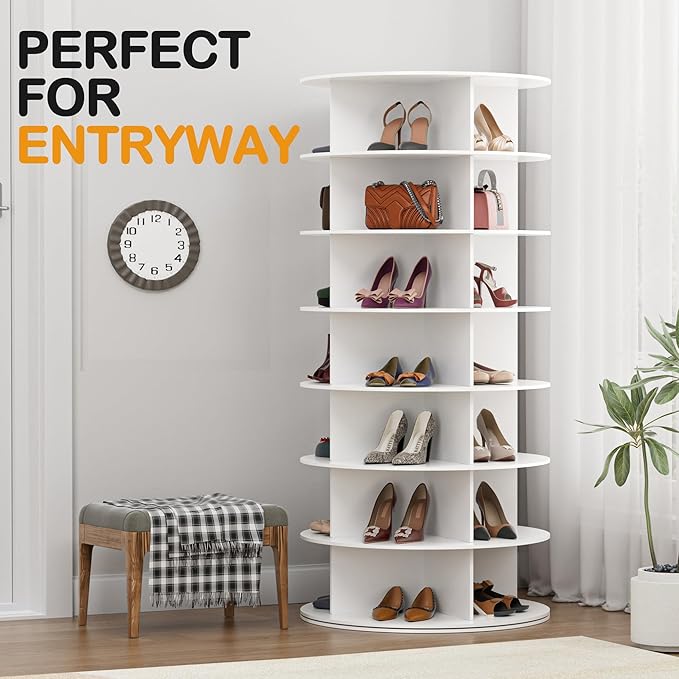 MAGIC UNION Rotating Shoe Rack Tower 7 Tier Organizer, Vertical Spinning Shoe Display Lazy Susan, Revolving 360 White Shoe Rack Storage Round Carousel, Rotate Shoes Closet Organization