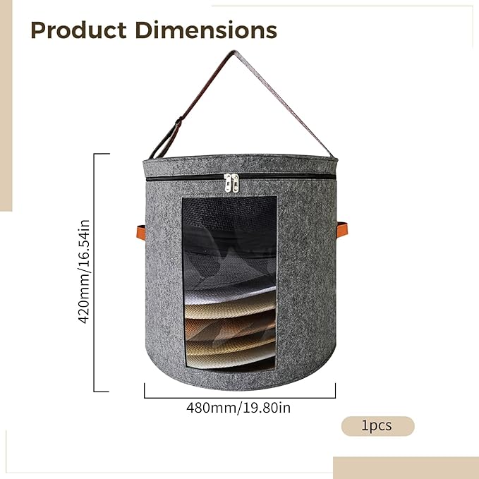 Varku Foldable Hat Storage Box, 18.9 x 16.5 in Felt Cowboy Hat Organizer, Large Capacity, Dustproof, Clear Window, Dual Zipper, Space Saving for Hats, Dark Gray
