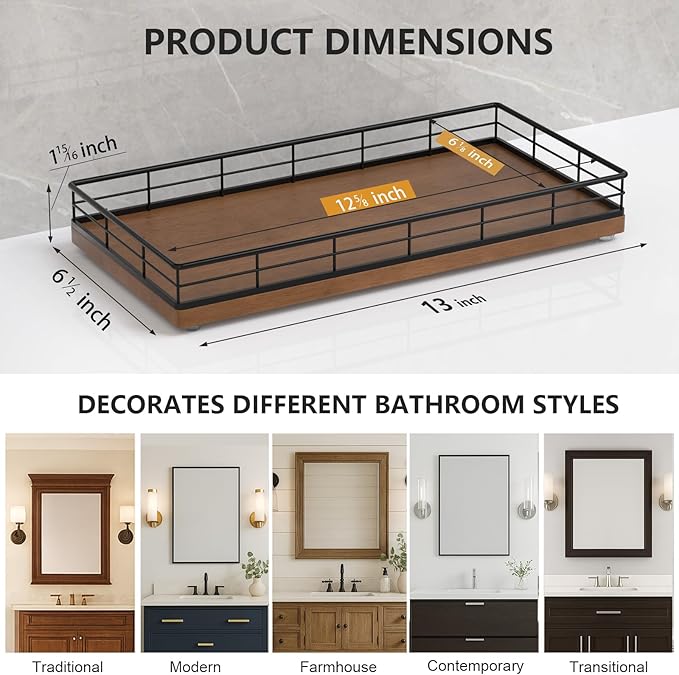 Toilet Paper Basket Organizer – Oak Wood Toilet Tank Tray with Metal Frame, Bathroom Counter Top Storage for Toilet Paper, Wipes & Decor, Modern Narrow Back of Tank Shelf Organizer, Black & Brown