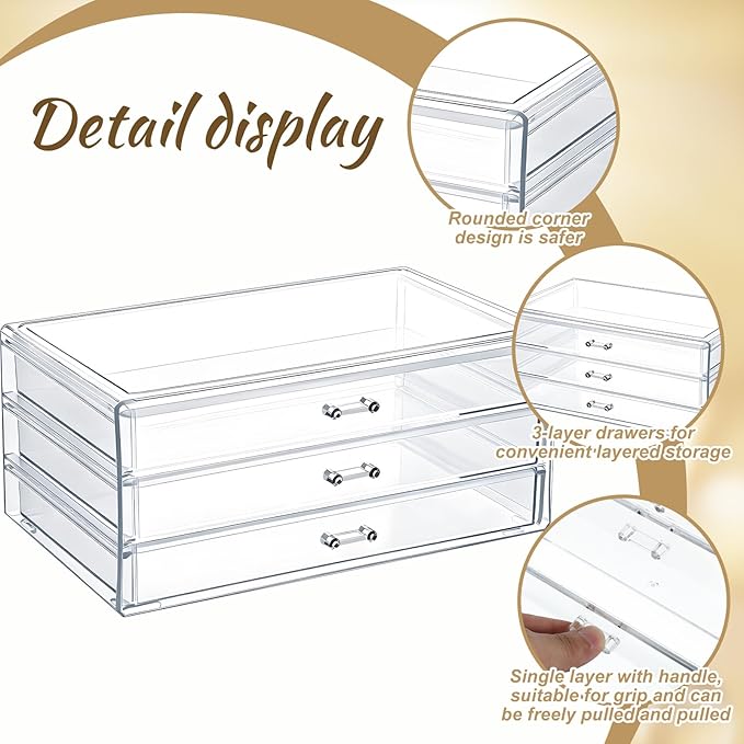 1 Pc Acrylic Storage Drawers, 9.3 X 5.3 X 4 Inch Clear Storage Drawers with 3 Drawer Stackable Makeup Organizer Cosmetic Display Case Stationery Organizer for Dresser, Bathroom, Vanity, Countertop