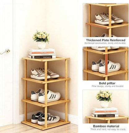 Aniston 4 Tier Small Shoe Rack Bamboo, Free Standing Slim Narrow Shoe Storage, Vertical Tall Shoe Shelf Organiser for Garage, Closet, Doorway, Corner, Living Room Small Spaces
