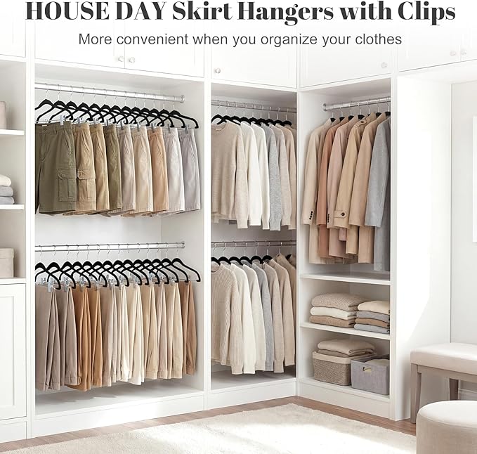 HOUSE DAY Velvet Skirt Hangers 12 Pack, Black Velvet Pant Hangers with Adjustable Clips, Space Saving Slim Shorts Hanger, Heavy Duty Non Slip Clip Hanger for Pants, Skirts, Shorts