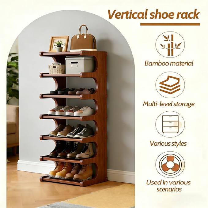 39" Bamboo Shoe Rack - Vertical Shoe Organizer Rack for Small Space, Narrow Shoe Tower for Closet, Entryway, Corner, Tall Shoe Shelf with Removable Shelves, Flexible Storage Shelf for Saving Space