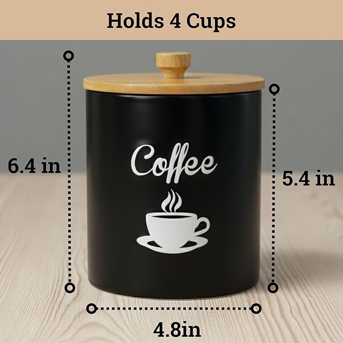 Ceramic Coffee Canister - 12 oz Black Airtight Canister - 5 x 6 inch Coffee Bean Storage Container - Stylish Countertop Container for Grounds, Beans, Pods & More with Rubber-Lined Bamboo Lid