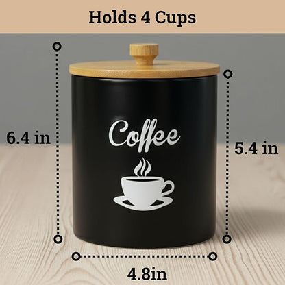 Ceramic Coffee Canister - 12 oz Black Airtight Canister - 5 x 6 inch Coffee Bean Storage Container - Stylish Countertop Container for Grounds, Beans, Pods & More with Rubber-Lined Bamboo Lid