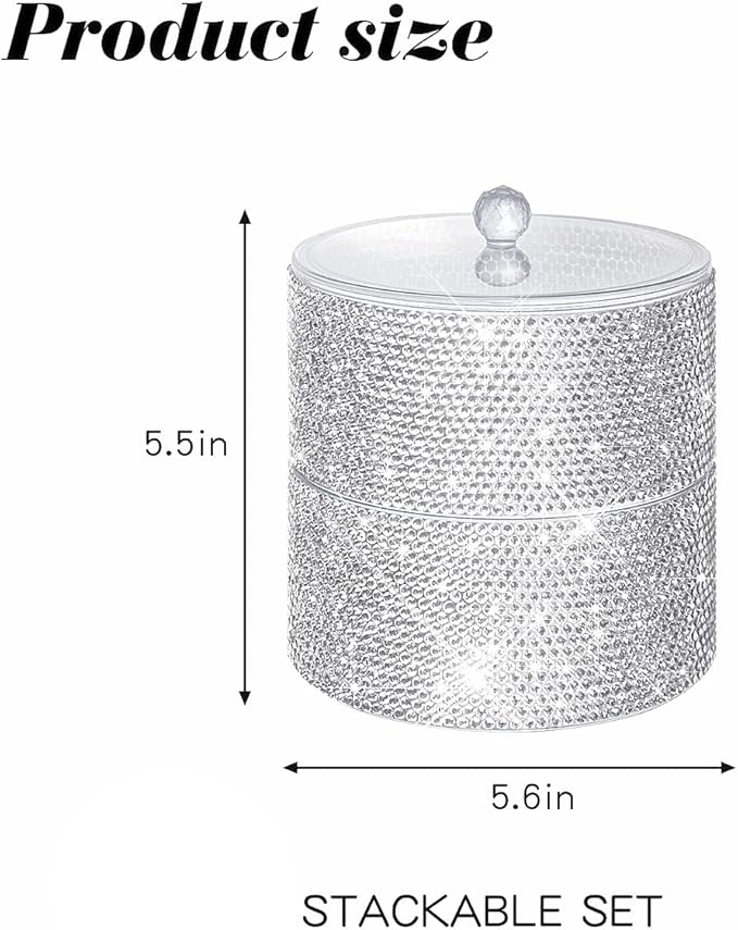 Bling Round Dispenser Stackable Apothecary Jar with Clear Lid ,Qtip Hold Bathroom Containers Cotton Ball & Swab Canister Vanity Organizer for Q-tip Cotton Round, Floss, Makeup Pads (2-Tier)