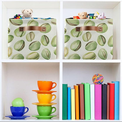 Large Storage Basket Pistachios Watercolor Green Storage Bin Cube Canvas Fabric Organizer Handles Collapsible for Clothes Toys Bedroom Decorative
