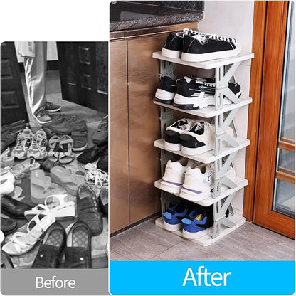 5-Tier Plastic Collapsible Shoe Rack, Small Vertical Shoe Organizer, Gray