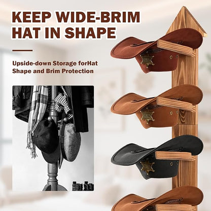 Cowboy Hat Holder for Wall, Wooden Rustic Farmhouse Hook Rack- Holds up to 4 hats(Brown)