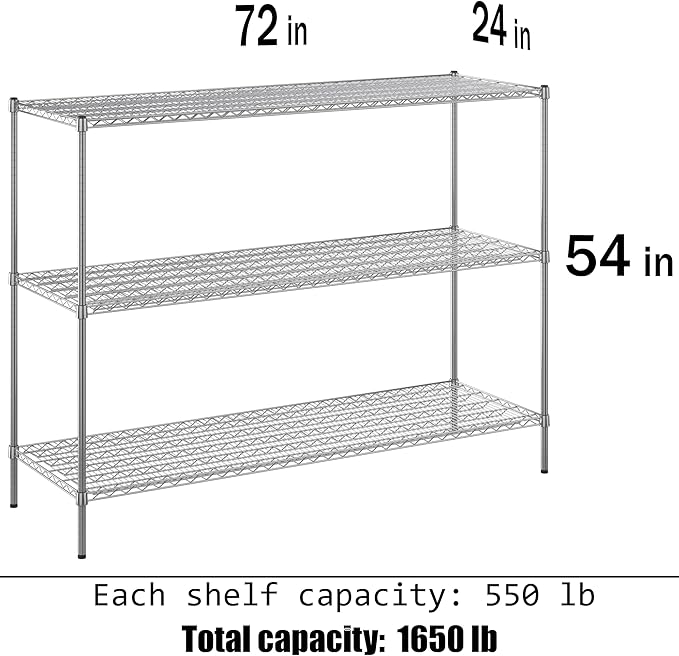 24" Deep x 72" Wide x 54" Height Wire Shelving Kit | 3-Tier | NSF Commercial Storage Rack Unit