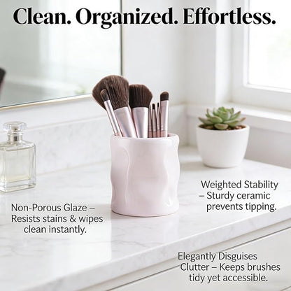 Premium Ceramic Makeup Brush Holder - Weighted & No-Tip Organizer with Easy-Clean Glaze, Vanity Storage for Brushes, Elegant Bathroom & Dresser Tabletop Decor An ideal gift for women (beige)