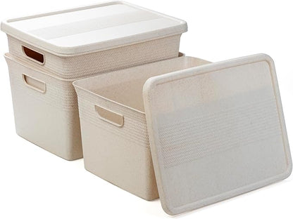 BINO | Plastic Storage Bins with Lids, 22 Liter - 3 Pack, Natural | THE BRAIDED COLLECTION | Plastic Bins for Organization Woven Storage Baskets for Organizing Pantry Shelf Organizer Basket Bin