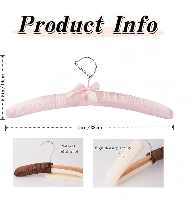 5 Pack Satin Padded Hangers for Women Clothing, Anti Slip Sponge Fabric Clothing Hangers Coat Racks for Sweater, Coat, Suit, Dress (Light Pink)