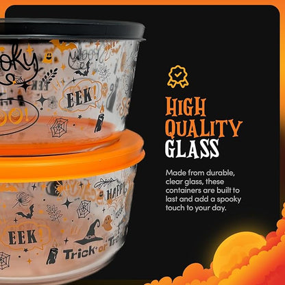 DURA LIVING Halloween Glass Food Storage Containers with Lids | Set of 6 (3 Containers + 3 Lids) 2-Cup | Spooky Design, BPA-Free, Microwave & Dishwasher Safe|Perfect for Meal Prep, Snacks & Leftovers