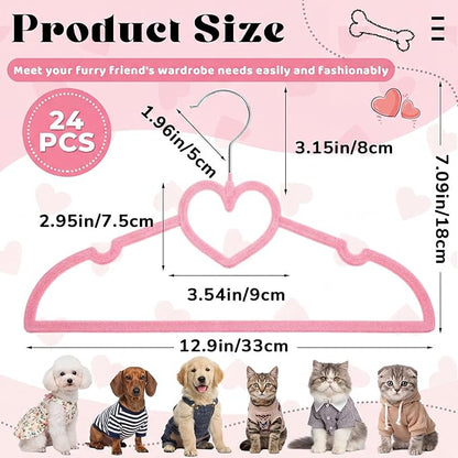 24 Pcs Pink Dog Clothes Hangers 13'' Non-Slip & 360° Swivel Pink Velvet Pet Hangers for Dogs and Cats Rustproof Metal Hooks, Space-Saving for Home Storage & Grooming Salons