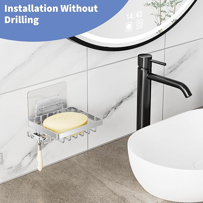 Moforoco Stainless Steel Soap Bar Holder for Shower, No Drilling Bathroom Accessories, Wall Mounted Soap Holder with Hooks, Shower Rack Tray Bar for Suitable for Bathroom, Kitchen Sink