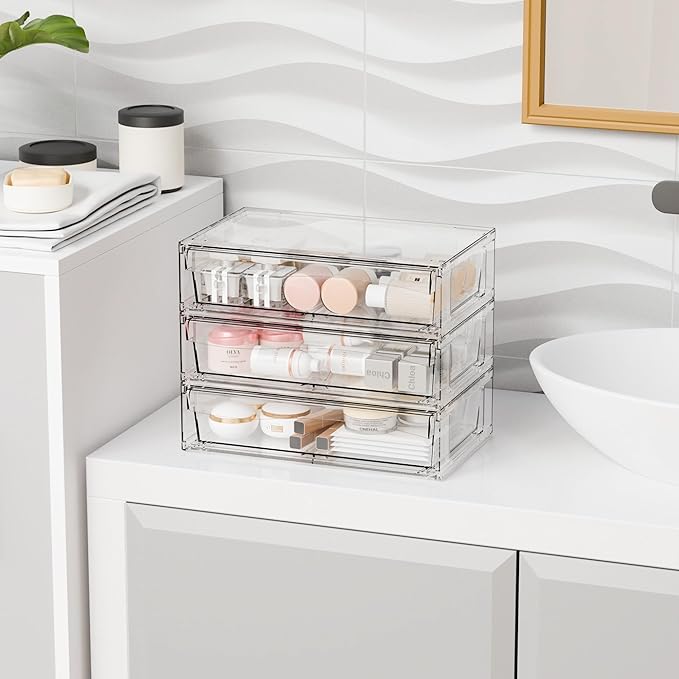 Yieach 12"W Clear Stackable Storage Drawers,3 Pack Pull Out Acrylic Drawers Organizer for Desk,Vanity,Bathroom,Plastic Office Supply Organizers And Storage Bins for Pen,Pencil,Craft,Sunglass,Medicine