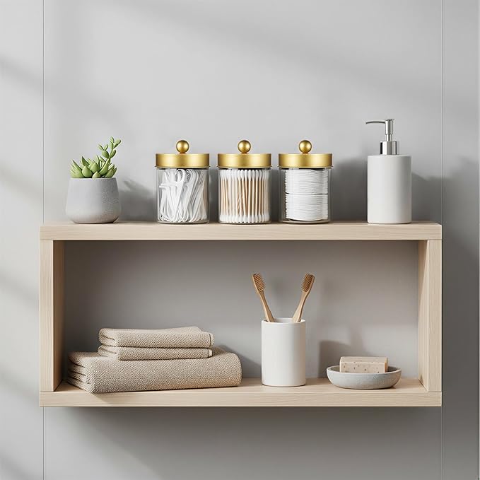 3PC Farmhouse Decor Qtip Holder Apothecary Jars Bathroom Vanity Storage Organizer -Countertop Canister Container &Cute Stickers for Cotton Swab,Ball,Pad,Floss,Paper Clips (Gold)