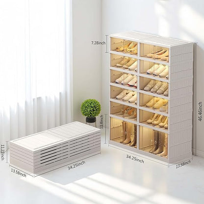 6 Tier 24 Pairs Large Shoe Rack Organizer with Doors, Foldable Collapsible Plastic Shelf, Stackable Storage Cabinet for Closet, Entryway, Hallway, Living Room - Easy Assembly