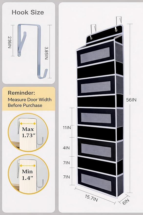 Over The Door Organizer, Reinforced Composite Fabric with Reinforced Stitching and Anti-Sag Structure, 44LB Capacity, 5 Large Pockets & 10 Mesh Pockets for Bathroom, Nursery & Laundry Room (Black)