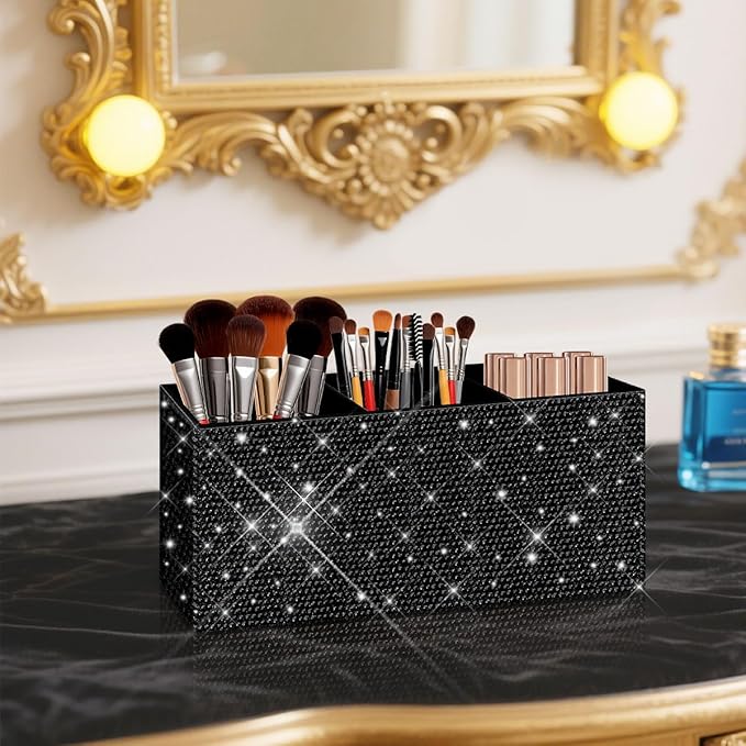 Bling Makeup Brush Holder Organizer, 3 Slot Sparkle Cosmetics Brushes Storage Holders with Shiny Rhinestones, Glitter Cute Pen and Pencil Holder for Desk, Eyeliners Display Case for Vanity（Black）