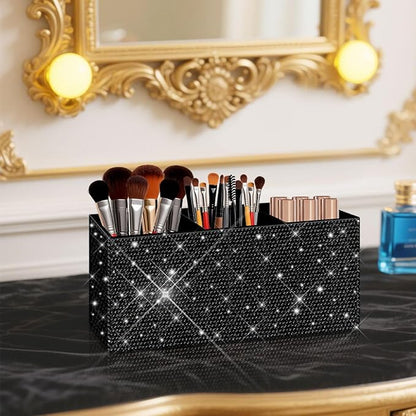 Bling Makeup Brush Holder Organizer, 3 Slot Sparkle Cosmetics Brushes Storage Holders with Shiny Rhinestones, Glitter Cute Pen and Pencil Holder for Desk, Eyeliners Display Case for Vanity（Black）