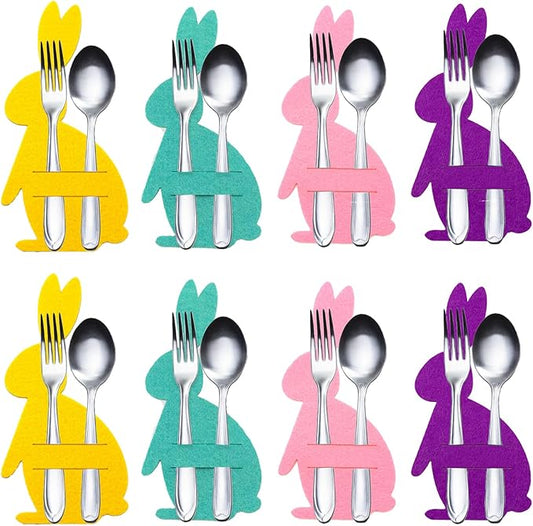 8 Pack Easter Bunny Utensil Cutlery Holders, Reusable and Cute Rabbit Shape Easter Felt Cutlery Holders, EasterTable Decor for the Home Spring Decorations and Easter Party Supplies