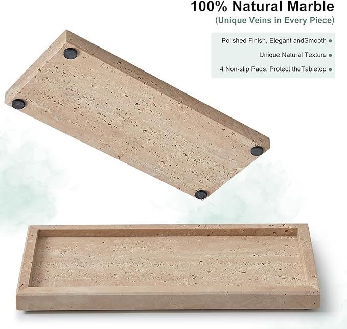 Natural Travertine Vanity Tray, Luxury Stone Organizer for Bathroom & Kitchen Counter | Holds Soap Dispenser, Jewelry, Perfume | Non-Resin, Non-Ceramic Décor