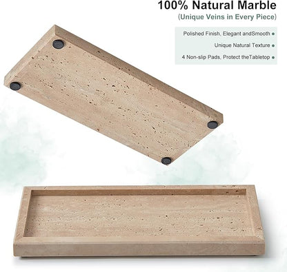 Natural Travertine Vanity Tray, Luxury Stone Organizer for Bathroom & Kitchen Counter | Holds Soap Dispenser, Jewelry, Perfume | Non-Resin, Non-Ceramic Décor