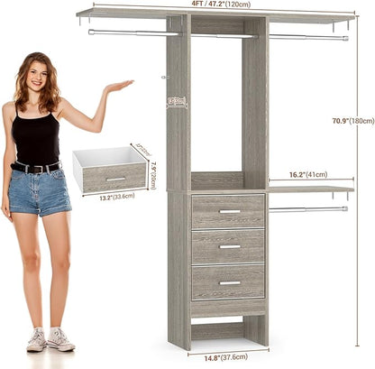 Besiost 4FT Small Closet System with 3 Fabric Drawers, 48'' Closet Organizer System With 3 Adjustable Shelves, Flexible Built-In Clothes Garment Rack for Small Space, 48"L x 13"W x 71"H, White Oak