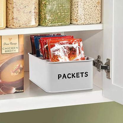 BSTKEY Seasoning Packet Organizer, Food Storage Organizer with Divided 4 Compartments, Metal Storage Caddy for Kitchen Pantry Cabinet, Kitchen Organization Bin for Snacks Spice Packets, White