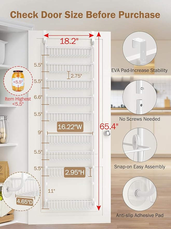 Delamu Over The Door Pantry Organizer, 9-Tier Pantry Door Organizers and Storage with Adjustable Basket, Metal Hanging Spice Rack, Seasoning Organizer, Door Organizer for Home Kitchen Bathroom, White