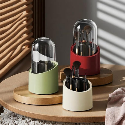 Fantasee 360° Rotating Makeup Brush Organizer, 7-Compartment Storage with Transparent Dustproof Cover, Cosmetic Tools Storage Holder for Bathroom Vanity Countertop (Bold Red, Cylindrical)
